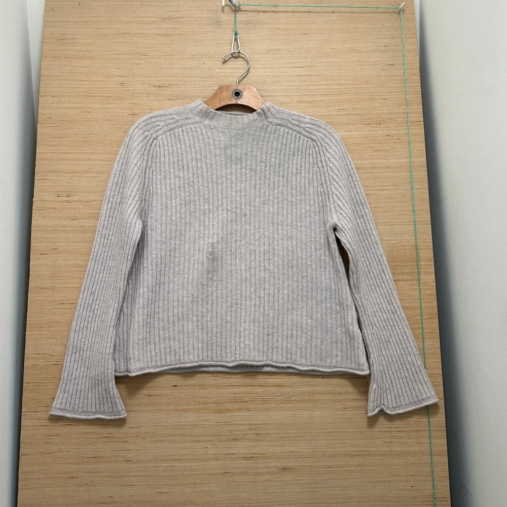 Brown Allan Merino Wool Cashmere Ribbed Mock Neck Bell Sleeve Sweater Gray M